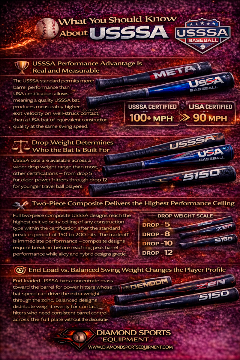 Infographic explaining USSSA performance advantage, drop weight progression, composite construction, and swing weight differences with cosmic styling and Diamond Sports Equipment branding.