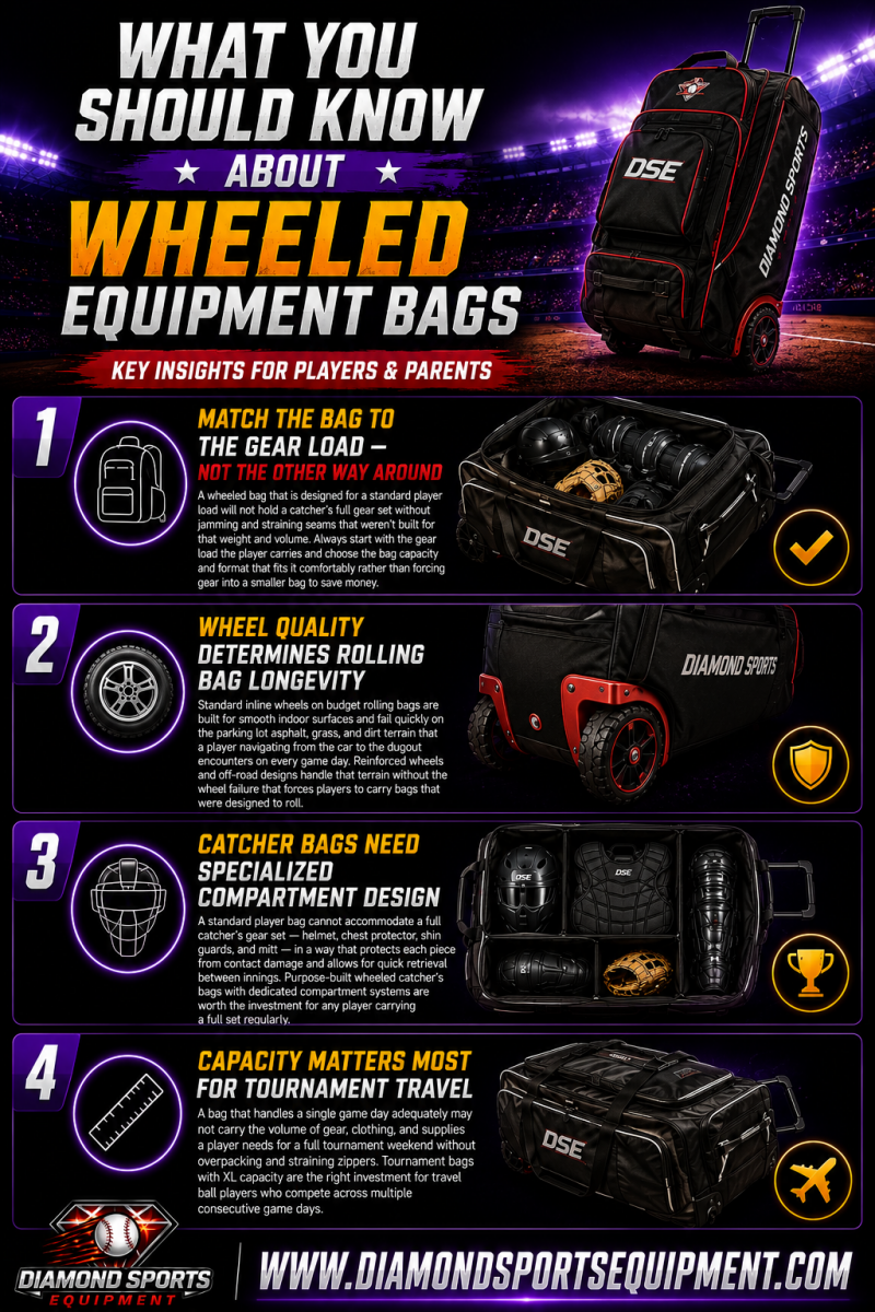 Wheeled Equipment Bags infographic covering rolling baseball equipment bags, catcher’s gear bag storage, reinforced wheel durability, and tournament travel bag capacity with Diamond Sports Equipment branding.