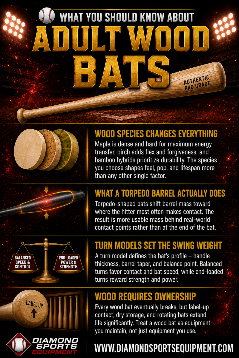 Adult wood bat guide covering wood species, torpedo barrels, turn models, and proper wood bat care for long-lasting baseball performance.