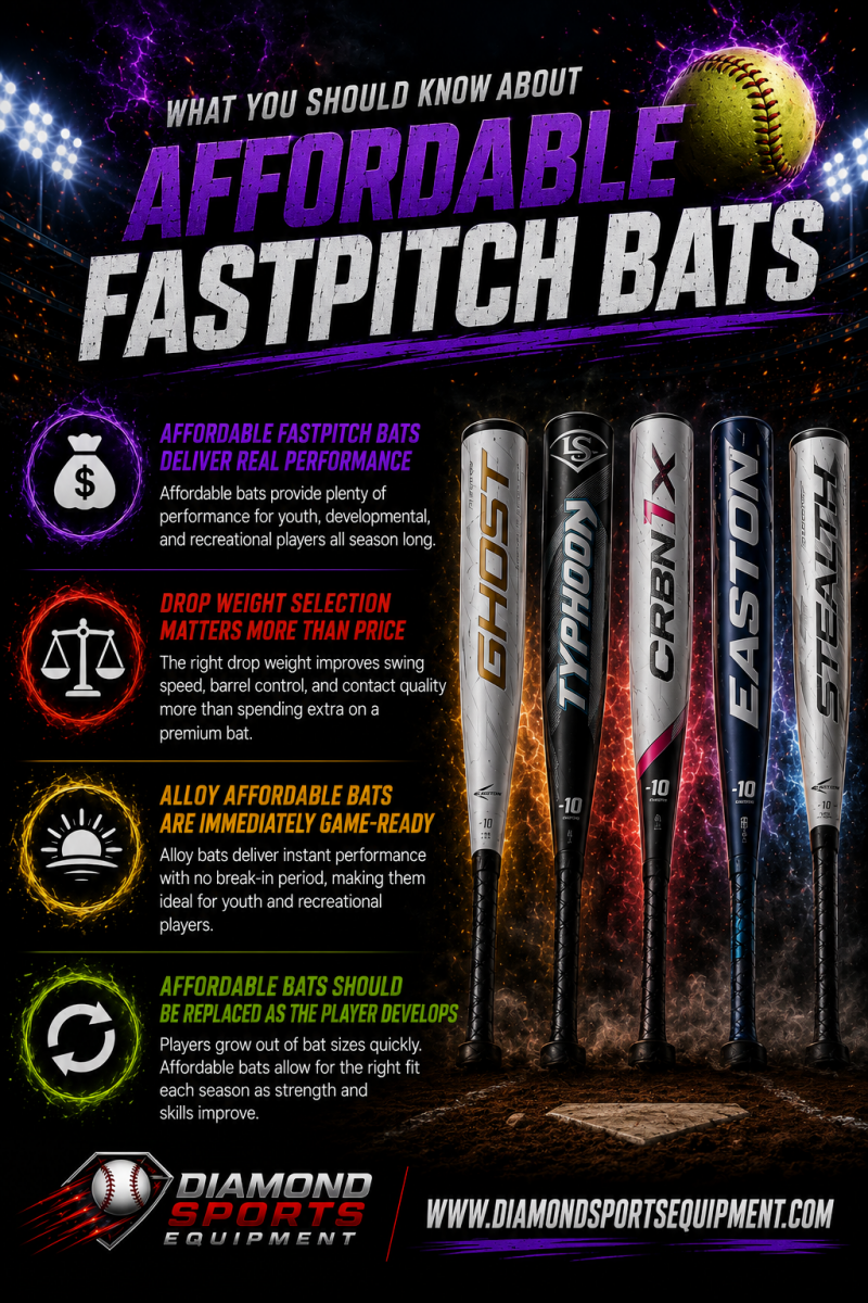 Easton Ghost, Louisville Slugger Typhoon, Rawlings Crbn1X, Easton Easton, and Easton Stealth featured in the Affordable Fastpitch Bats infographic.