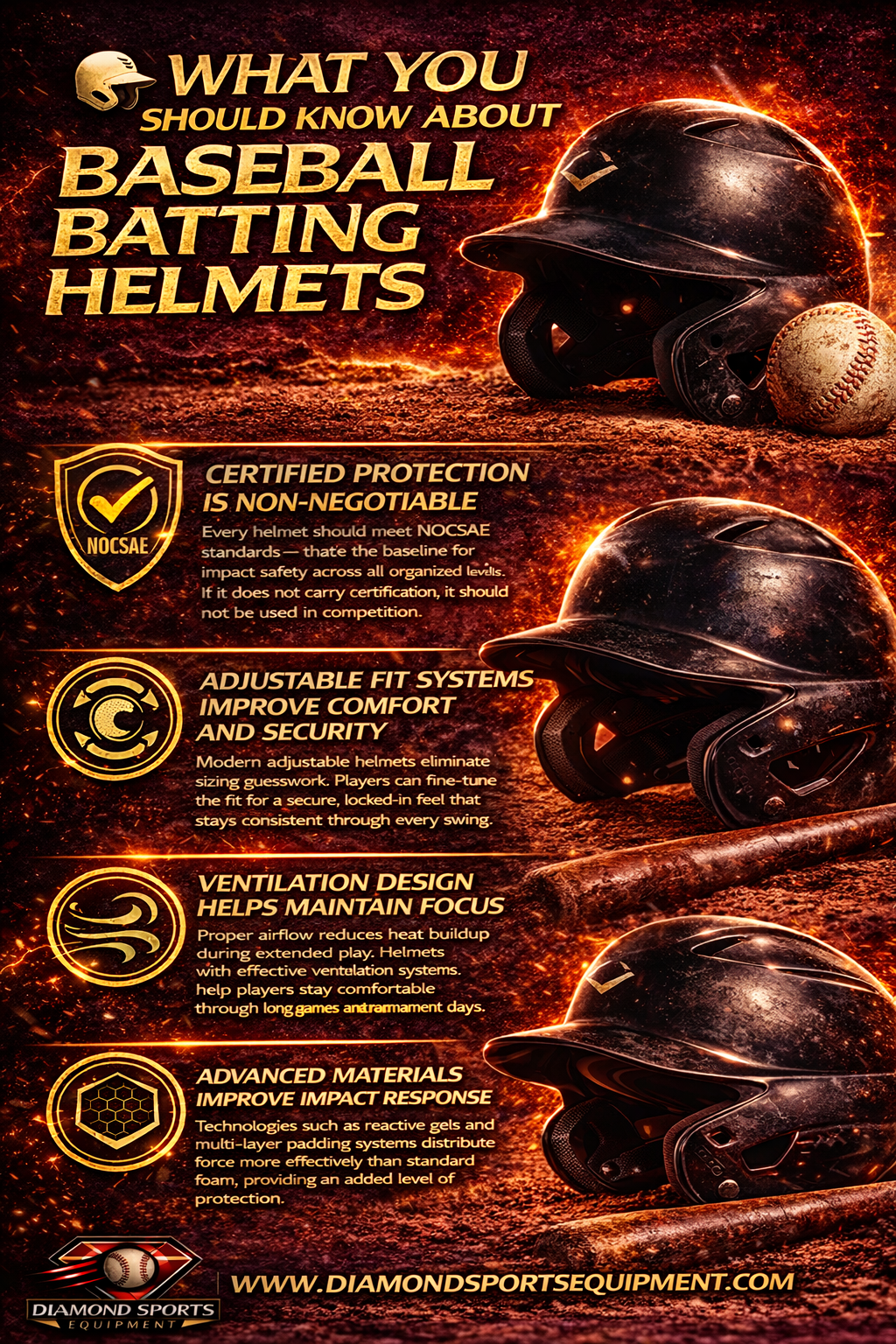 Baseball batting helmets infographic explaining certification, fit systems, ventilation, and advanced protection technology on a fiery cosmic background with Diamond Sports Equipment logo and website