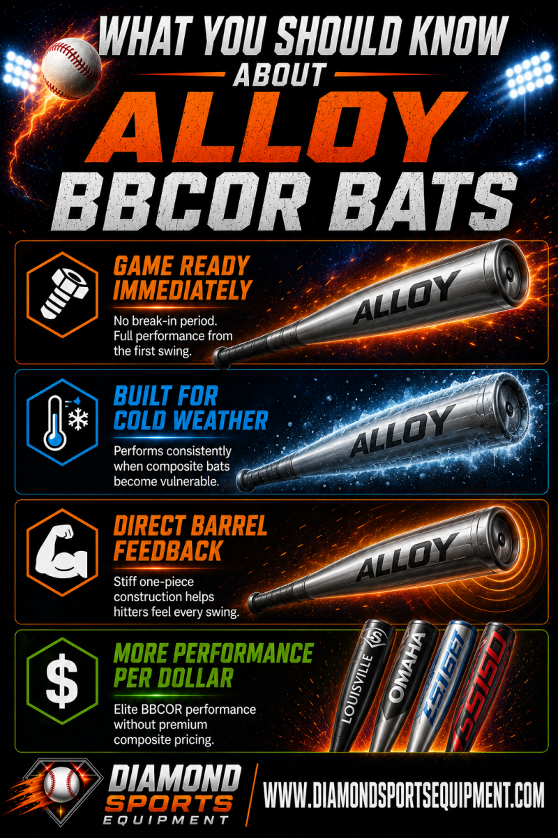 Alloy BBCOR bat infographic featuring Louisville Slugger Omaha, Easton MAV1, Rawlings Clout AI, and one-piece alloy baseball bats built for power, durability, and cold-weather performance.