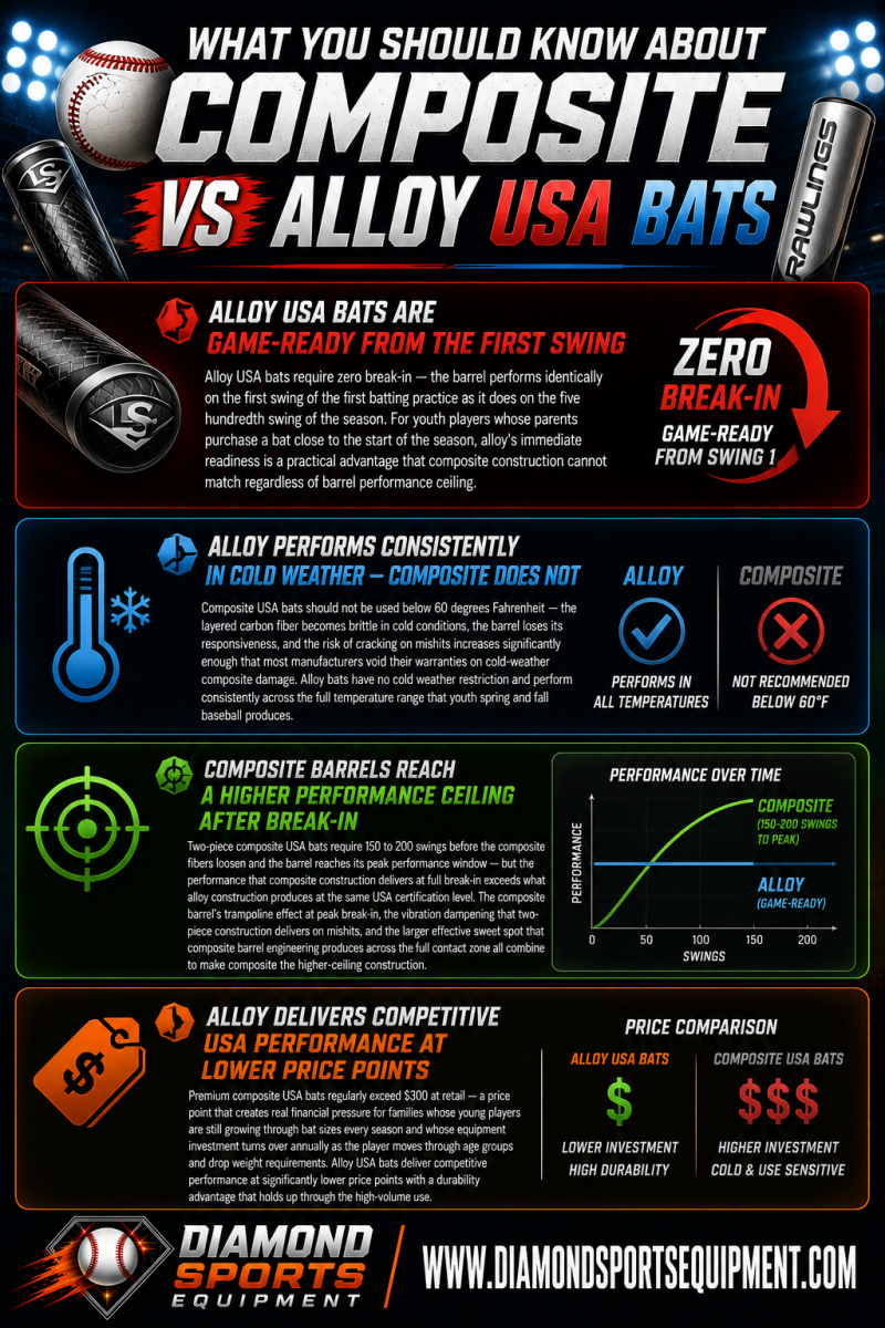 Composite vs alloy USA bat infographic featuring Louisville Slugger Meta, Louisville Slugger Solo, Easton Hype Fire, Marucci CATX2, Rawlings Clout AI, and USA Baseball youth bat construction comparisons.