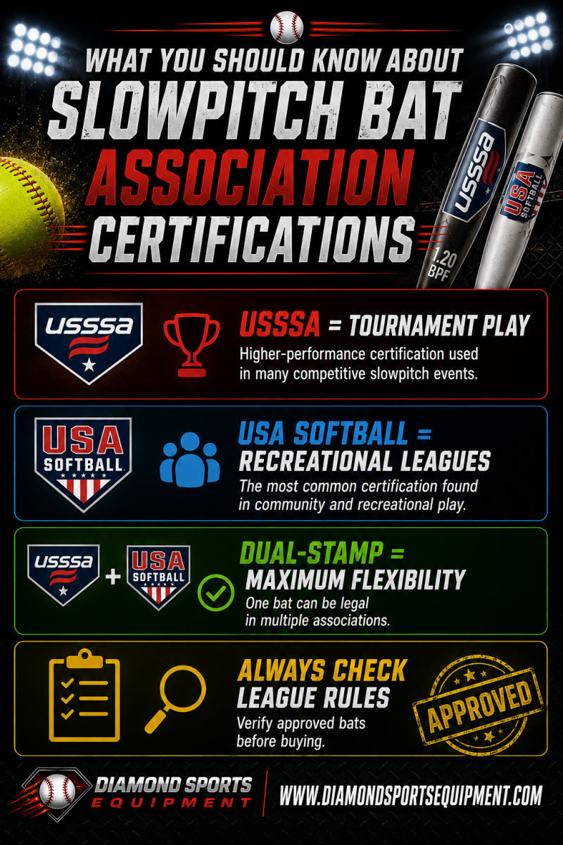Slowpitch bat certification infographic featuring Miken Vicious Dual Stamp, DeMarini Vanilla Gorilla, Easton Tantrum, Axe Fury, Louisville Slugger Genesis, and Worth Bedlam slowpitch softball bats.