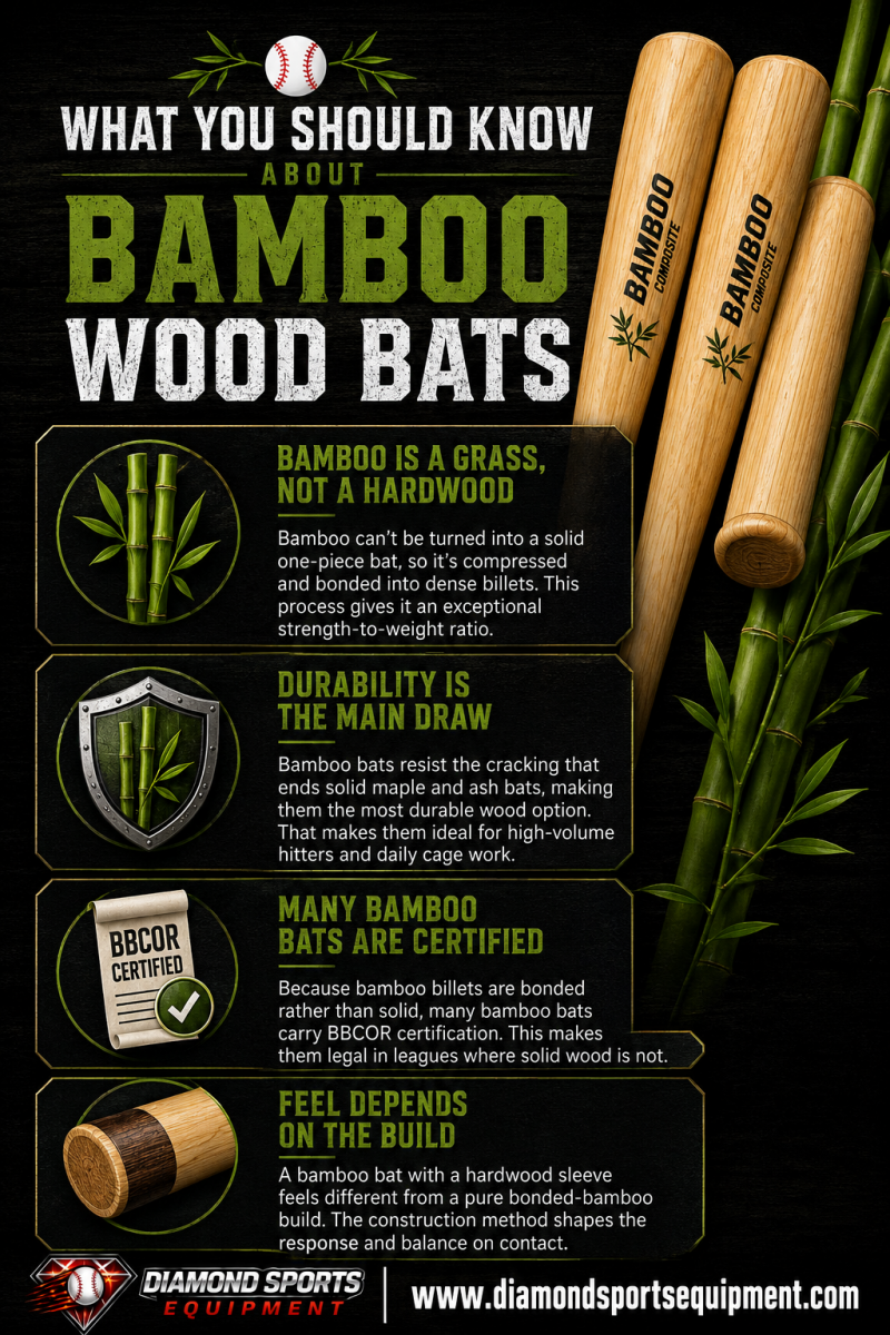 Bamboo wood bats infographic explaining bamboo construction, durability, BBCOR certification, and performance feel.