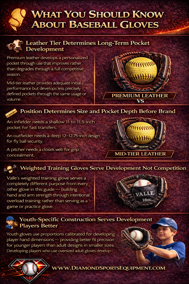 Baseball glove buying guide infographic covering leather quality, positional sizing, training gloves, and youth-specific glove construction for player development
