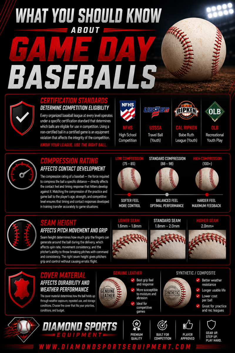 Game day baseballs infographic covering baseball certification standards, compression ratings, seam height, and leather cover durability with Diamond Sports Equipment branding.