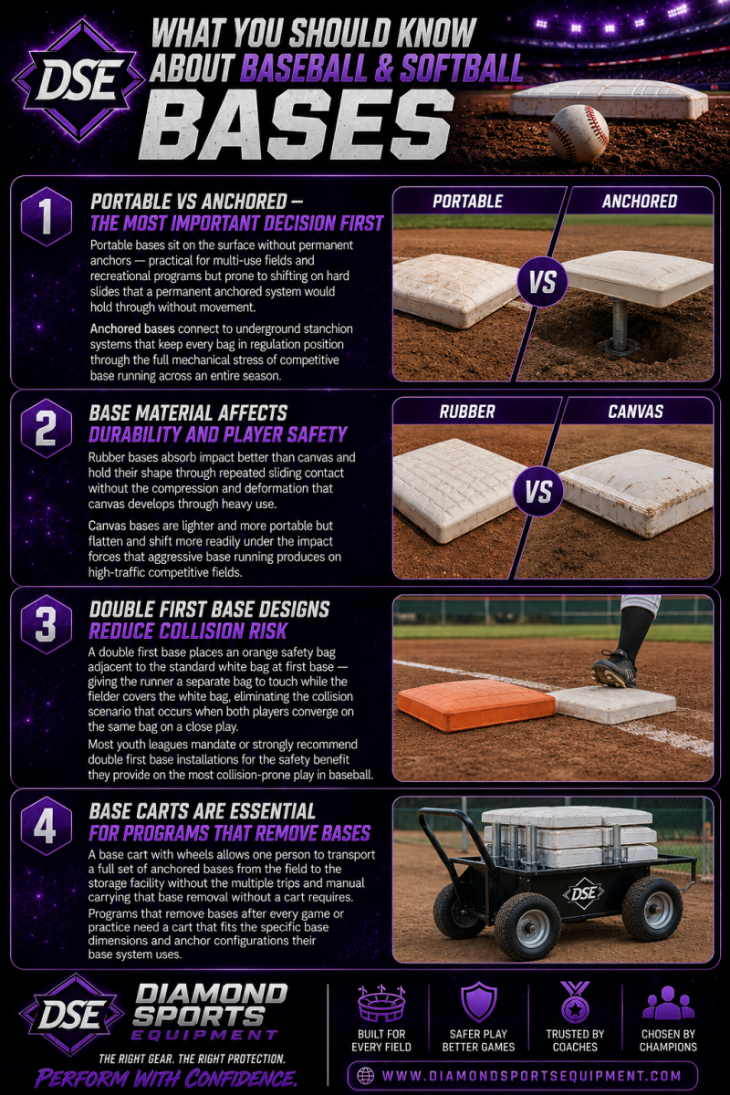 Baseball & Softball Bases infographic covering portable vs anchored bases, rubber vs canvas bases, double first base safety systems, and baseball base carts.