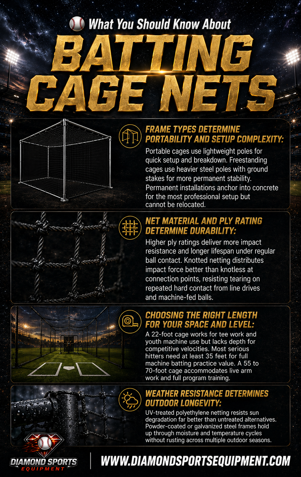 Batting cage net infographic covering frame types, net material durability, cage length recommendations, and weather resistance, displayed on a dark stadium-themed background with Diamond Sports Equipment branding and website.