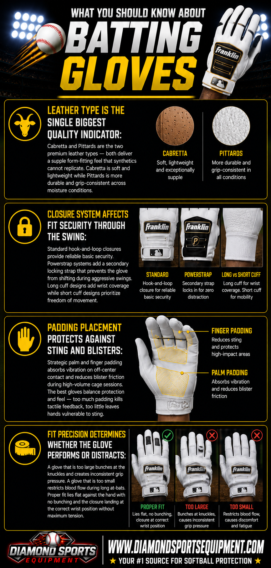 Batting Gloves infographic covering leather types, closure systems, padding placement, and proper glove fit.