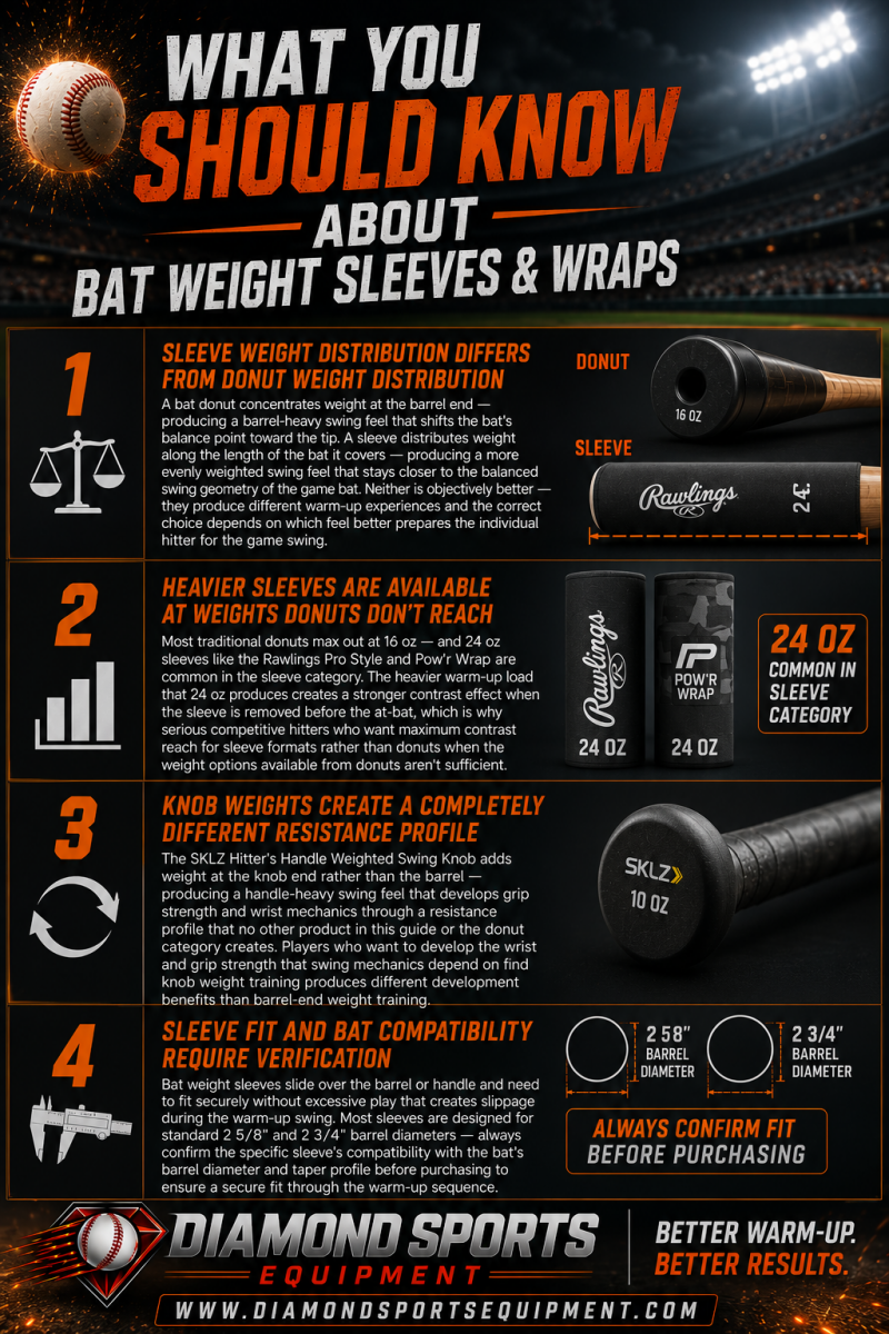 Bat weight sleeves and wraps infographic explaining sleeve versus donut weight distribution, heavier warm-up sleeve options, knob weight resistance training, and bat compatibility considerations with Diamond Sports Equipment branding.