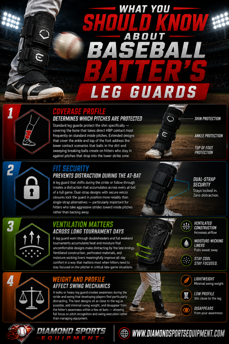 Baseball batter’s leg guards infographic explaining coverage profiles, fit security, ventilation, and lightweight protection features for competitive hitters.