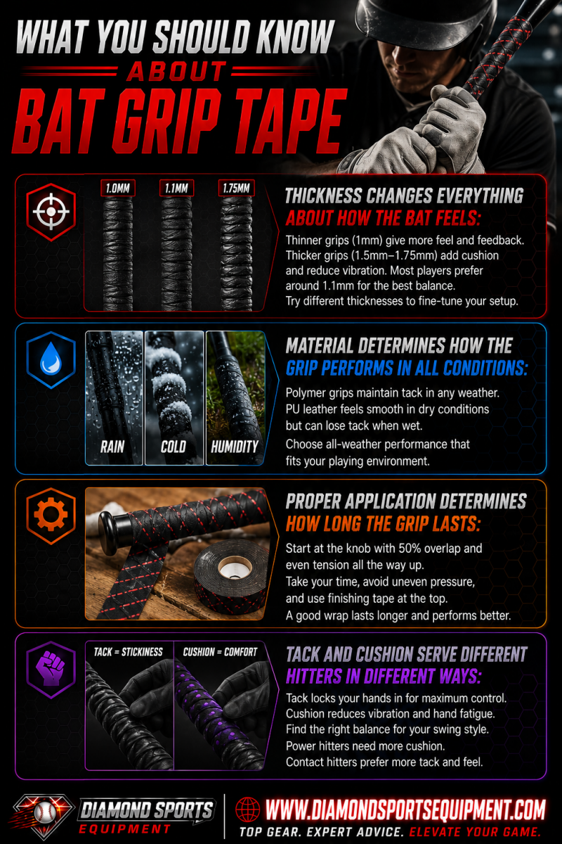 Bat grip tape infographic covering grip thickness, all-weather materials, proper installation, and the balance between tack and cushion for baseball and softball hitters.