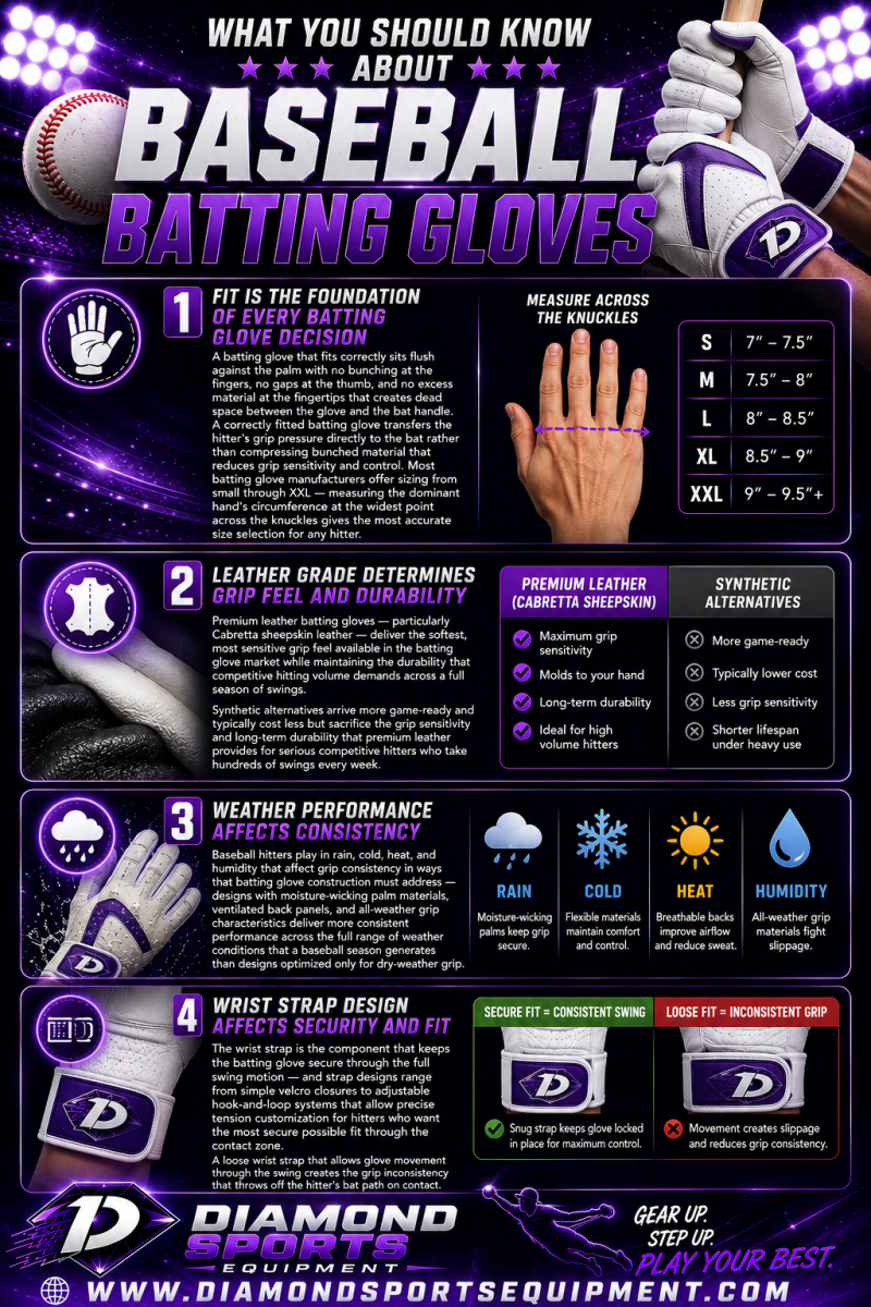 Baseball batting gloves infographic covering glove fit, leather quality, weather performance, and wrist strap support.