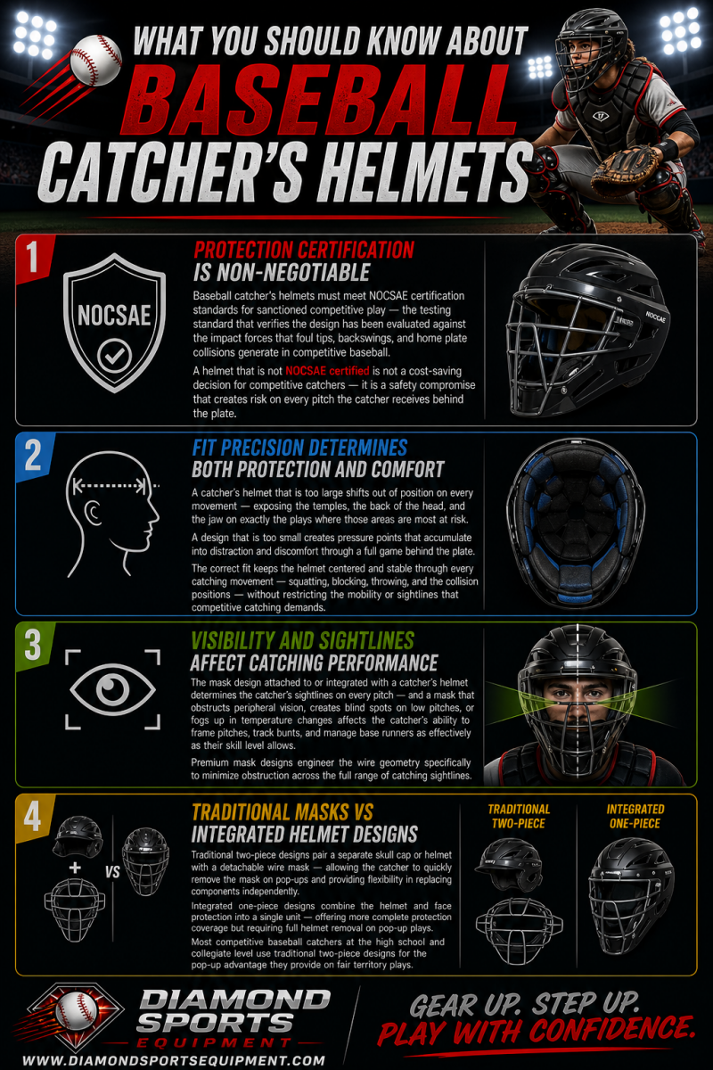 Baseball catcher’s helmets infographic showing certification, fit, visibility, and design differences with Diamond Sports Equipment branding.