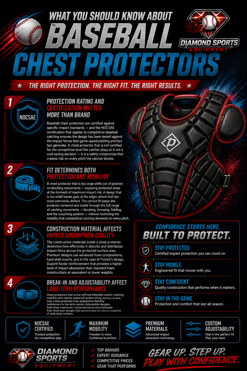 Baseball chest protectors “What You Should Know” infographic highlighting certification, fit, construction materials, and adjustability on a dark stadium background with Diamond Sports Equipment logo and URL in the bottom left.