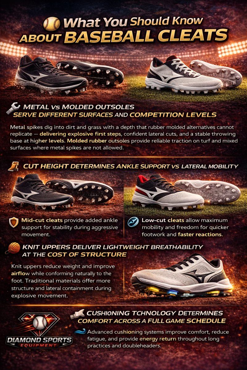 Baseball cleats “What You Should Know” infographic explaining outsole types, cut height, upper materials, and cushioning technology in a stadium-style design with Diamond Sports Equipment branding.