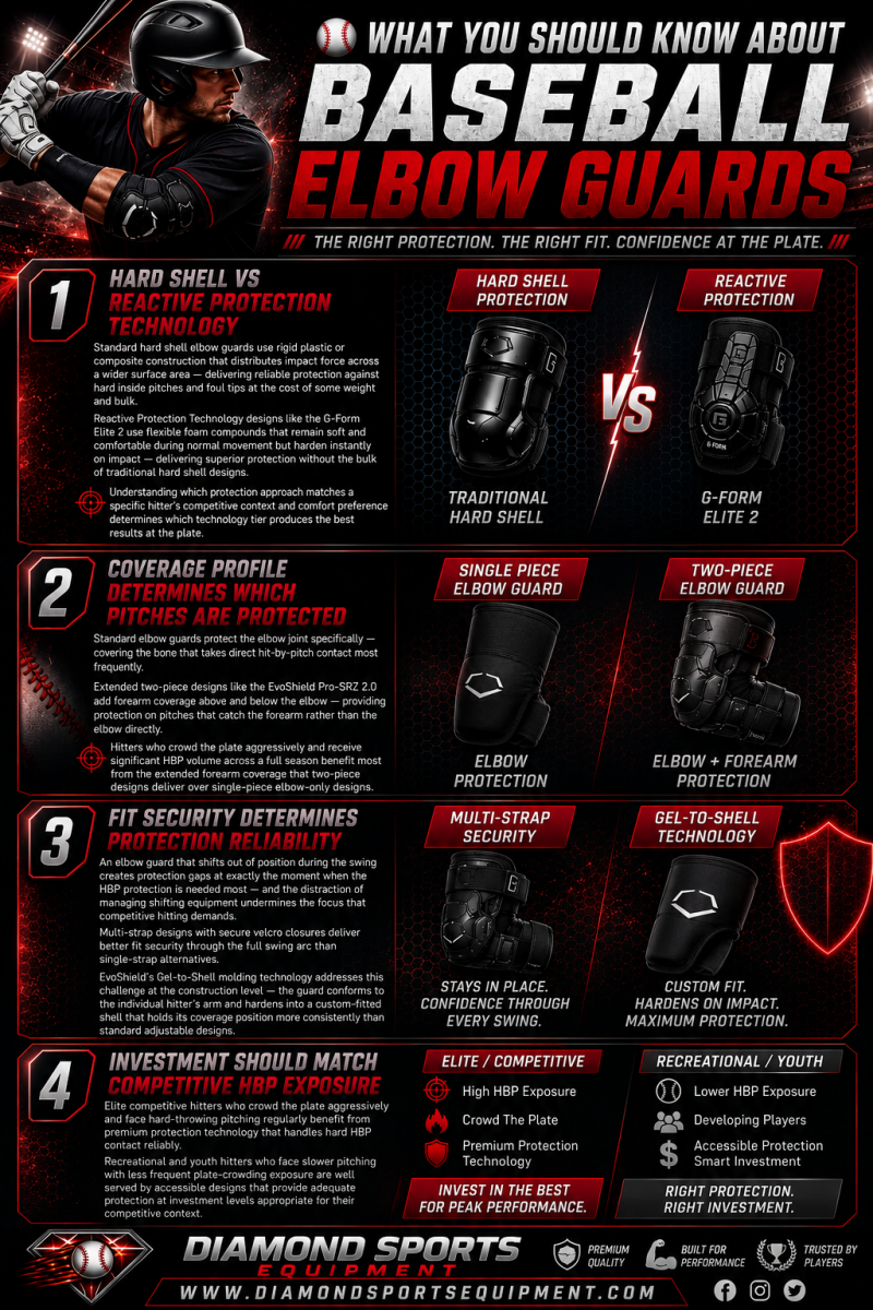 Baseball elbow guards infographic covering protection technology, coverage profiles, fit security, and competitive protection recommendations for baseball hitters.