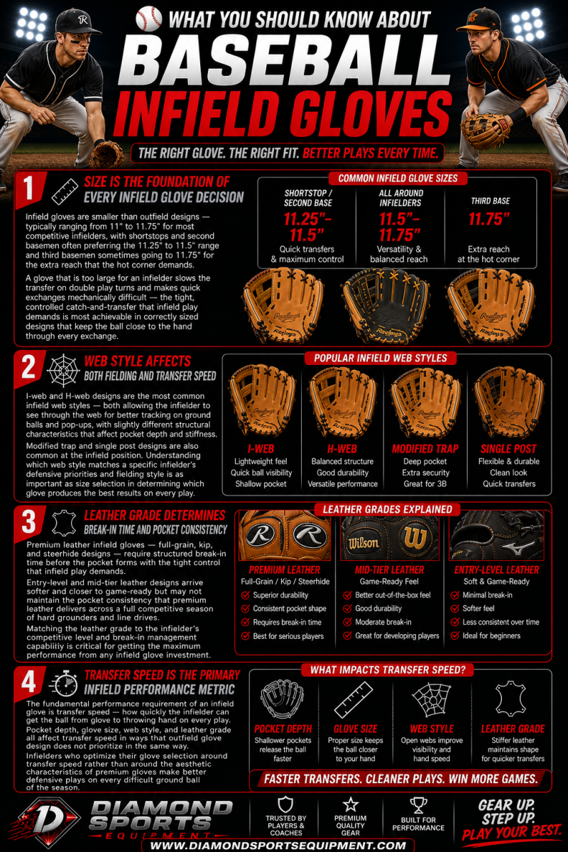Infield gloves infographic explaining size, web style, leather grades, and transfer speed on a dark stadium background with Diamond Sports Equipment branding.
