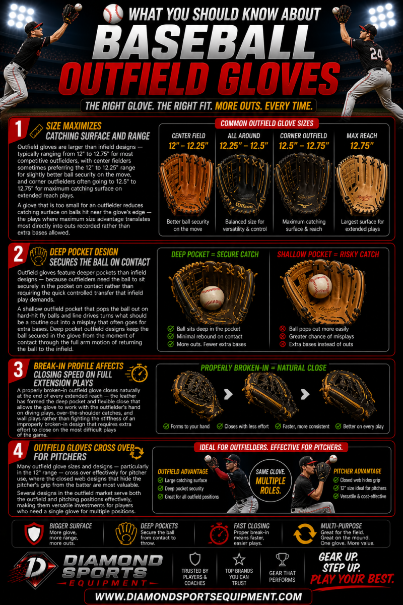 Outfield gloves infographic explaining size, pocket depth, break-in, and versatility on a dark stadium background with Diamond Sports Equipment branding.