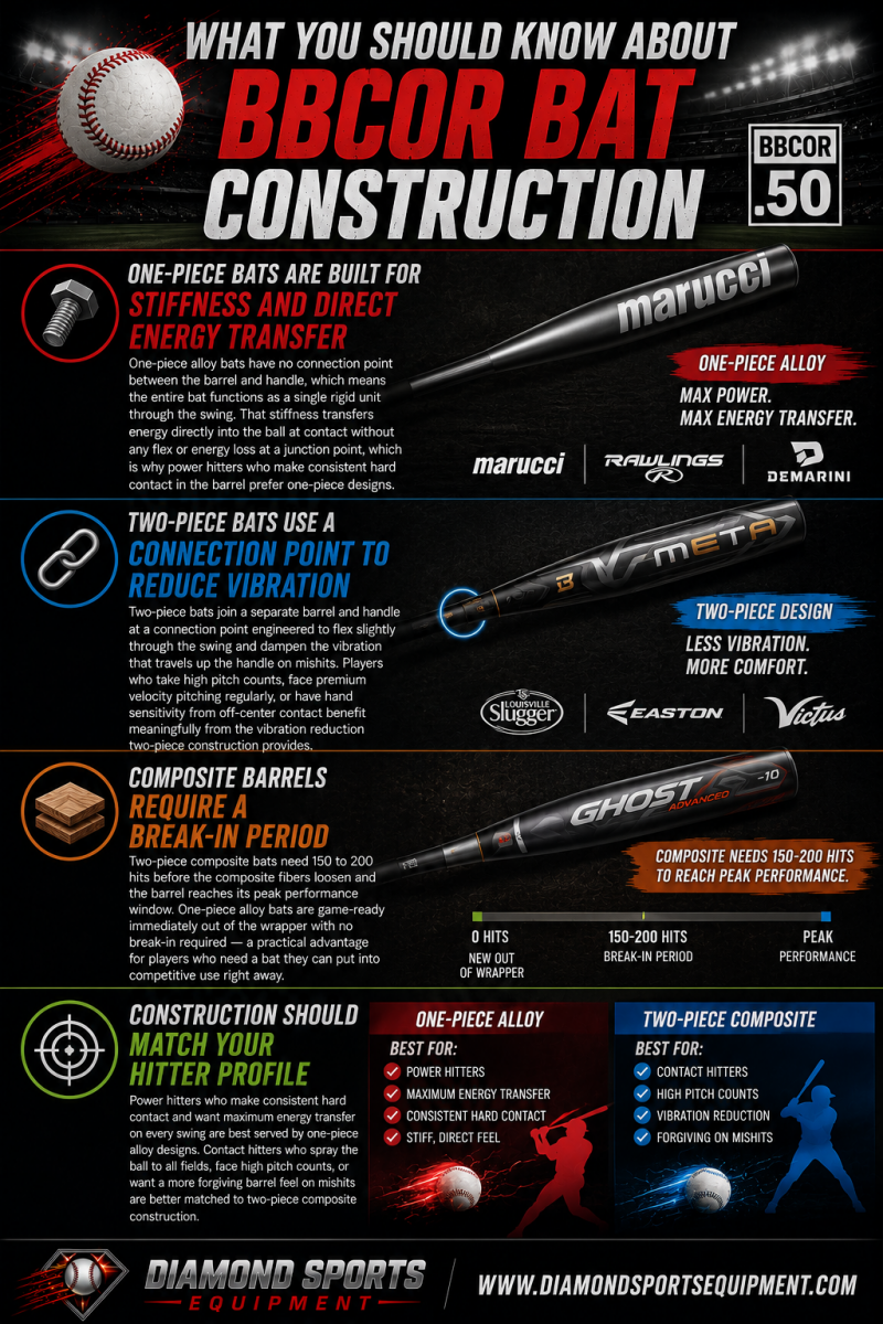 BBCOR bat construction infographic featuring Marucci one-piece alloy bats, Louisville Slugger and Easton two-piece bats, composite barrel break-in information, and hitter profile comparisons.