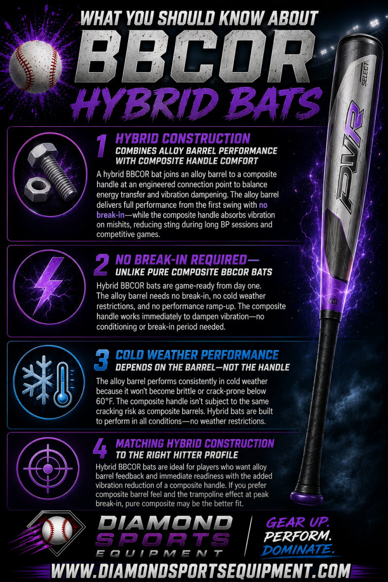 Victus Vandal Select, Louisville Slugger Select PWR, Marucci CATX2 Connect, Easton Split, Warstic Bonesaber Hybrid, and Rawlings Clout AI hybrid BBCOR baseball bats featuring alloy barrels and composite handles.