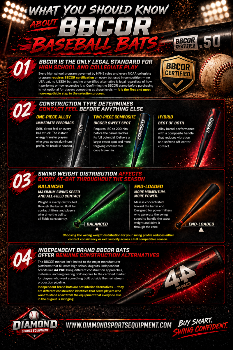 BBCOR baseball bats infographic explaining certification rules, construction types, swing weight differences, and independent brand options in a high-energy stadium design with Diamond Sports Equipment branding.