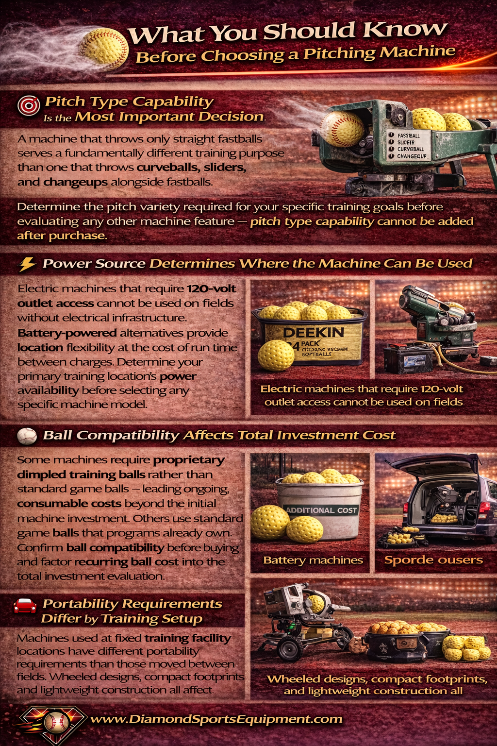 Pitching machine buying guide infographic covering pitch types, power source options, ball compatibility, and portability considerations.