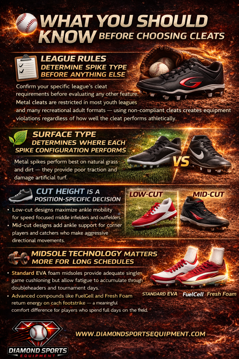 What you should know before choosing cleats infographic covering league rules, surface type, cut height, and midsole technology with fiery cosmic background and Diamond Sports Equipment branding