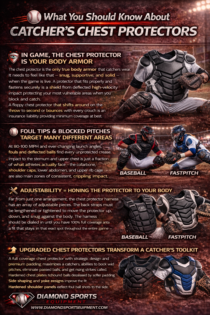 Catcher’s chest protector infographic explaining proper fit, coverage zones, adjustability, and impact protection for baseball and fastpitch catchers, featuring full-body gear visuals and Diamond Sports Equipment branding.