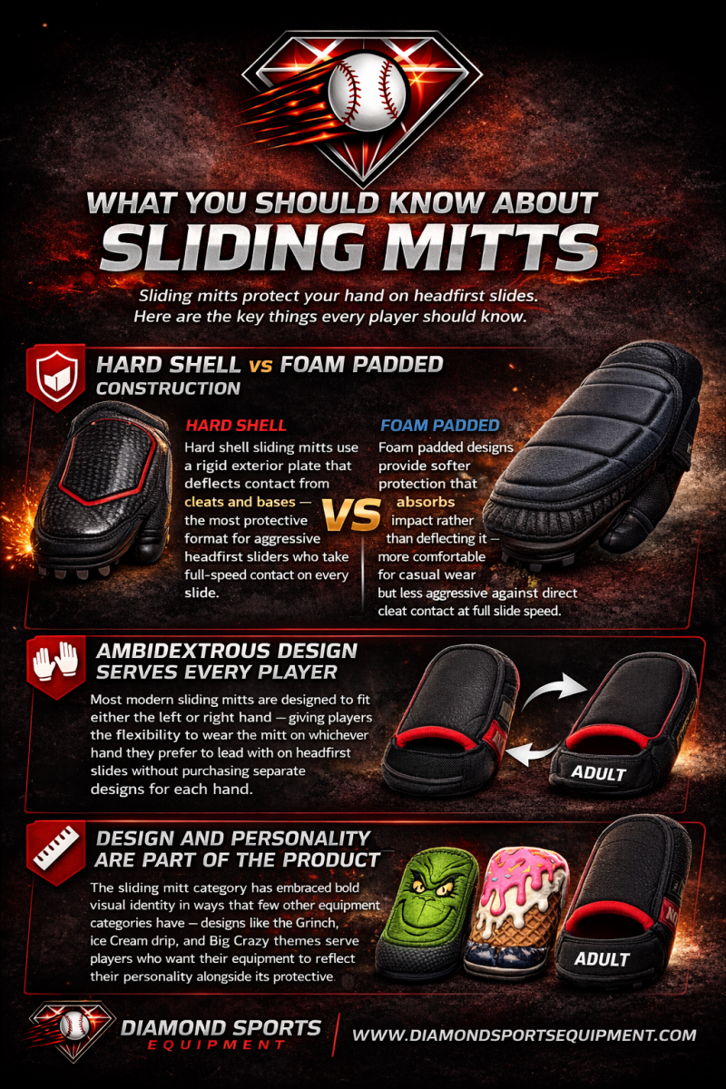 Sliding mitt infographic explaining hard shell vs foam padding, ambidextrous fit, design styles, and proper sizing with Diamond Sports Equipment branding.