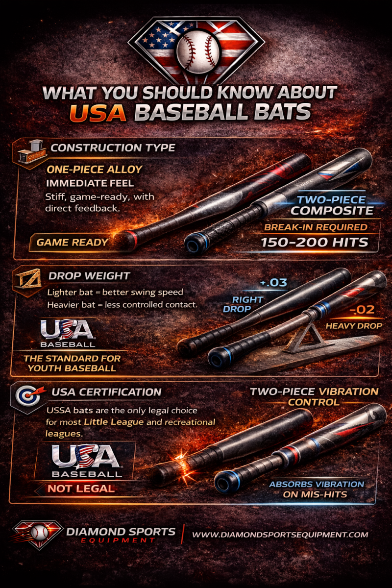 USA baseball bat infographic explaining construction types, drop weight impact, USA certification rules, and two-piece vs. one-piece performance for youth players.