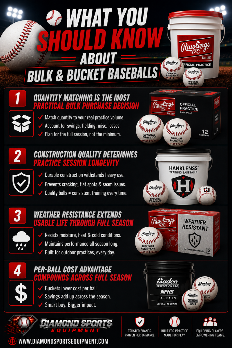 Infographic titled “What You Should Know About Bulk & Bucket Baseballs” featuring baseball buckets, bulk practice baseballs, weather-resistant training balls, and Diamond Sports Equipment branding on a dark stadium-style background.