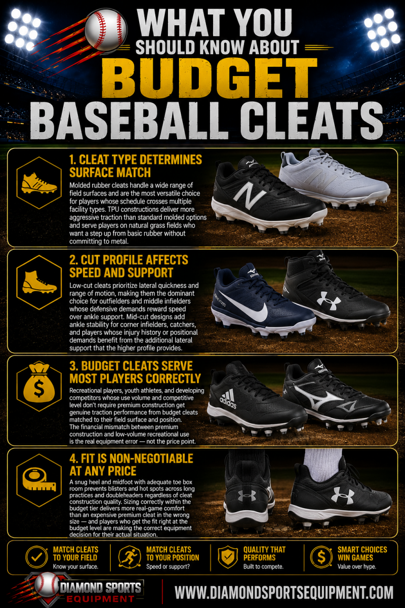 New Balance molded cleats, Nike low-cut cleats, Under Armour mid-cut cleats, adidas molded cleats, Mizuno baseball cleats, and Under Armour low-cut cleats featured in the Budget Baseball Cleats infographic.