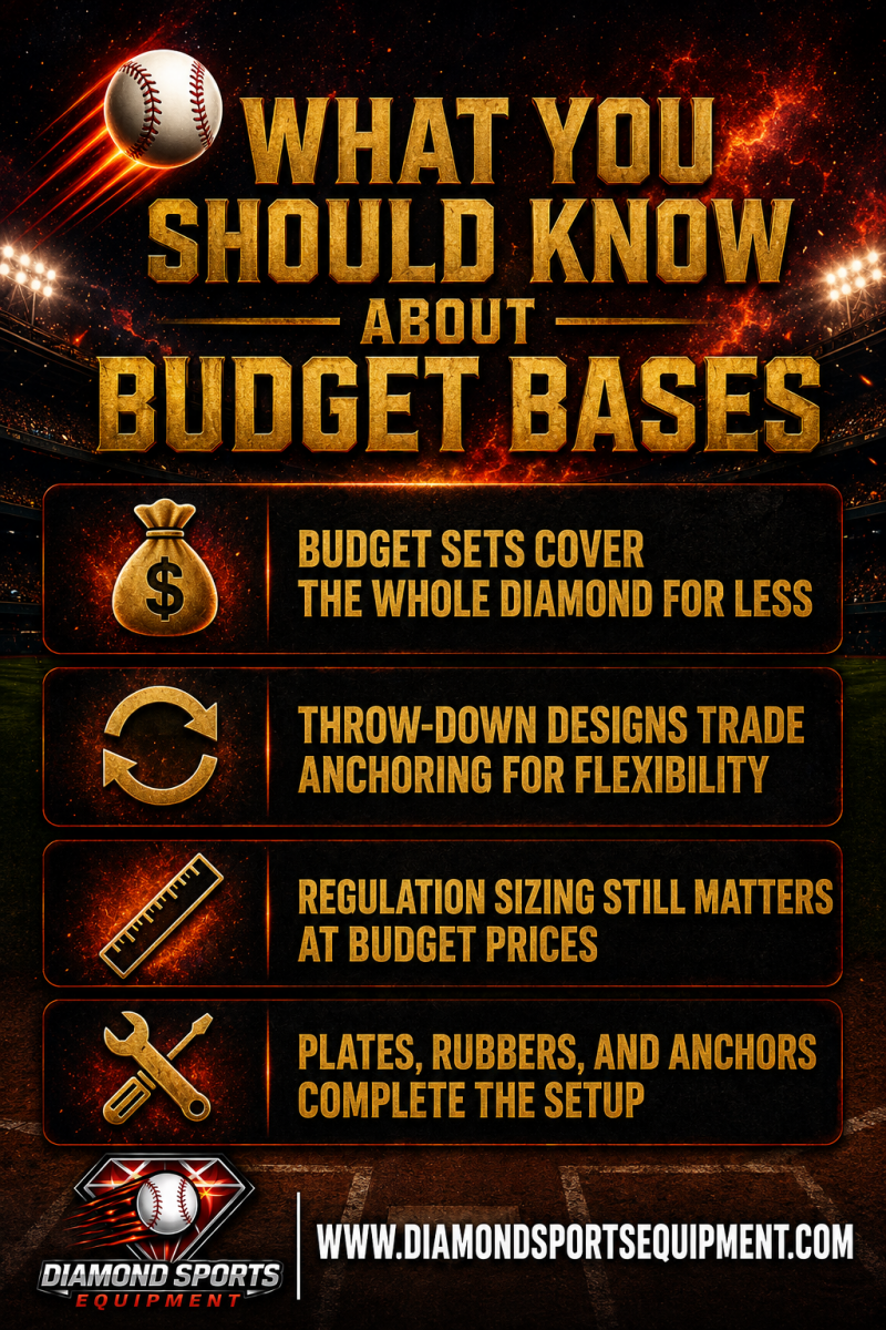 Budget baseball bases infographic featuring key buying considerations, regulation sizing tips, and complete diamond setup guidance with Diamond Sports Equipment branding. ⚾