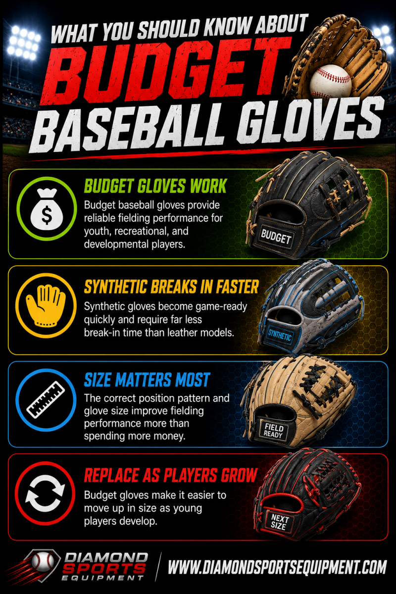Rawlings Select PRO LITE, Easton Havoc, Mizuno Prospect Select, Rawlings Flex Palm, Franklin Field Master, and Wilson A500 featured in the Budget Baseball Gloves infographic.