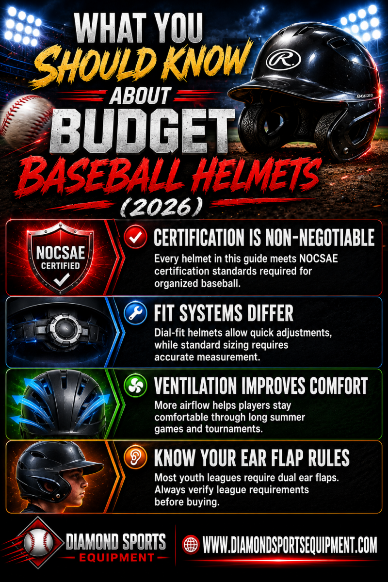NOCSAE Certified, Adjustable Dial-Fit System, Ventilation Matters More Than Players Expect, and Ear Flap Configuration Is League-Specific featured in the Budget Baseball Helmets WYSK infographic (2026).