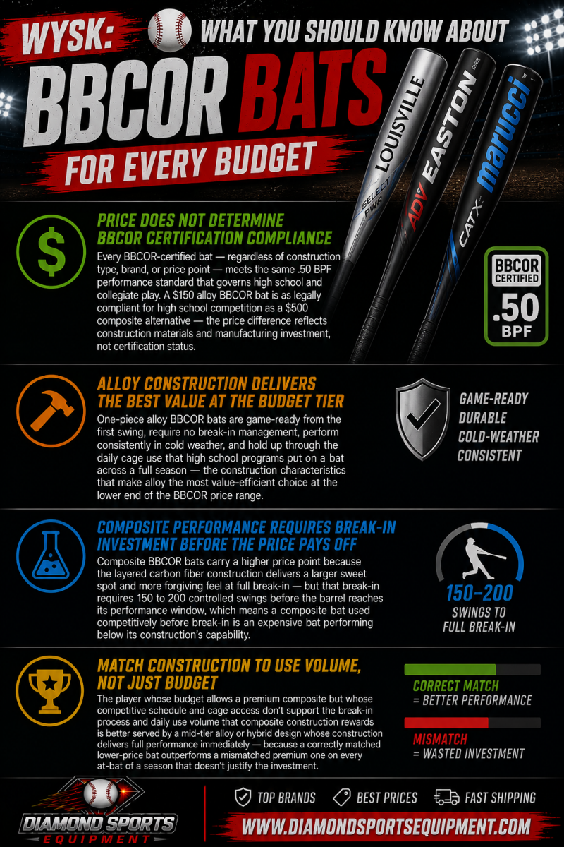 Louisville Slugger Select PWR, Easton ADV 360, and Marucci CATX featured in a BBCOR Bats for Every Budget infographic covering certification standards, alloy value, composite break-in, and bat selection strategy.