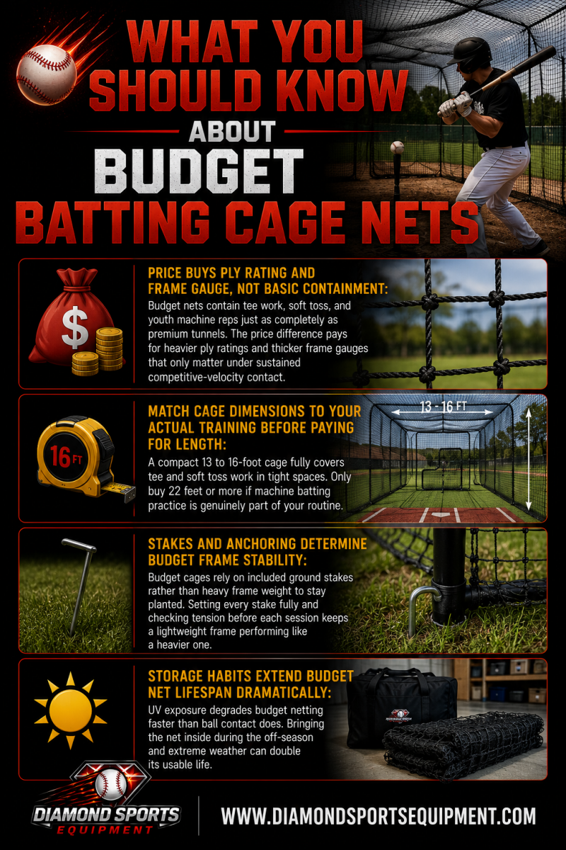 Budget Batting Cage Nets WYSK infographic covering cage sizing, frame stability, net durability, and budget batting cage buying tips.