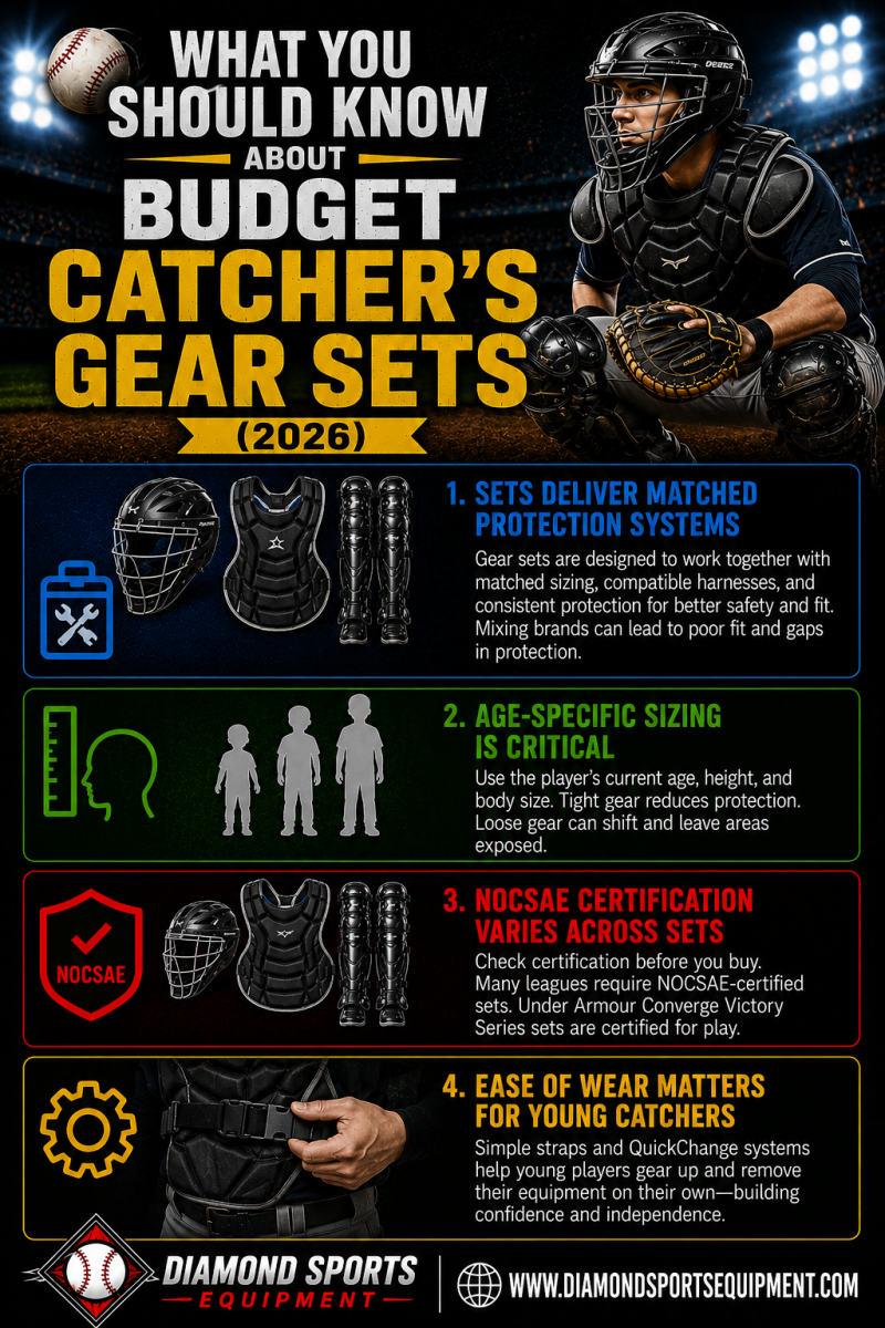Rawlings Renegade Series, Wilson EZ Gear 2.0, Easton Gametime 2.0, Under Armour Converge Victory Ages 9-12, Under Armour Converge Victory Ages 12-16, and Wilson C200 featured in the Budget Catcher's Gear Sets WYSK infographic.
