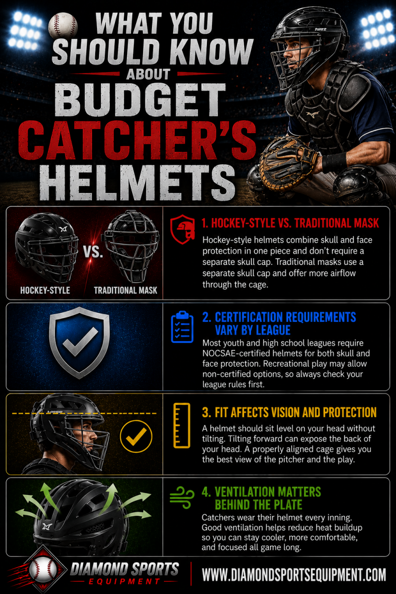 Rawlings Renegade 2.0, Easton Gametime, CHAMPRO Cannon, Jadekylin Catcher's Face Mask, RUNIC Catcher's Face Mask, and All-Star Player's Series featured in the Budget Catcher's Helmets WYSK infographic.