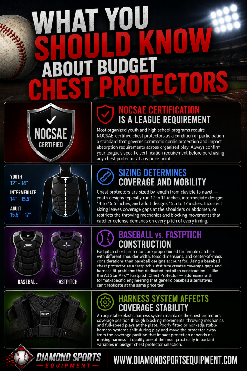 All-Star AFx, Rawlings Renegade, Champro Optimus MVP, Easton Gametime, Mizuno Samurai, and All-Star S7 Axis featured in the Budget Chest Protectors WYSK infographic.