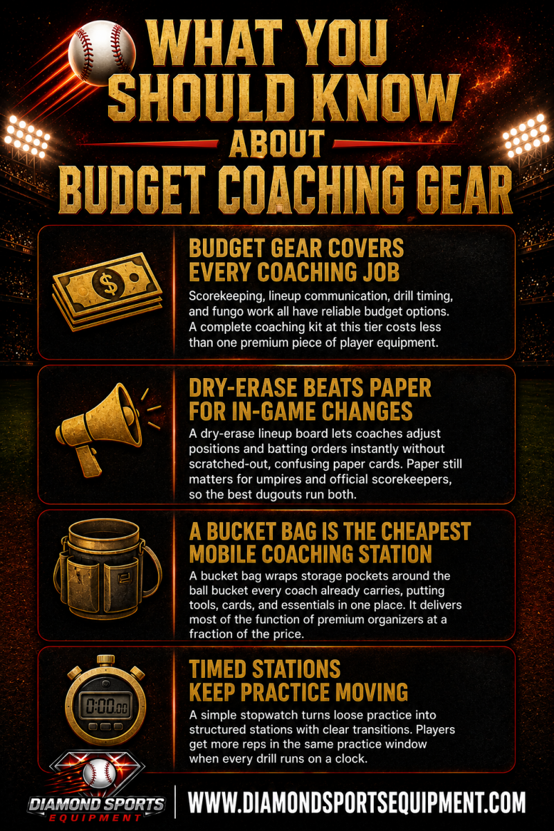 Budget coaching gear infographic highlighting lineup boards, bucket bags, stopwatches, and affordable coaching essentials for organized baseball and softball practices. ⚾📋⏱️
