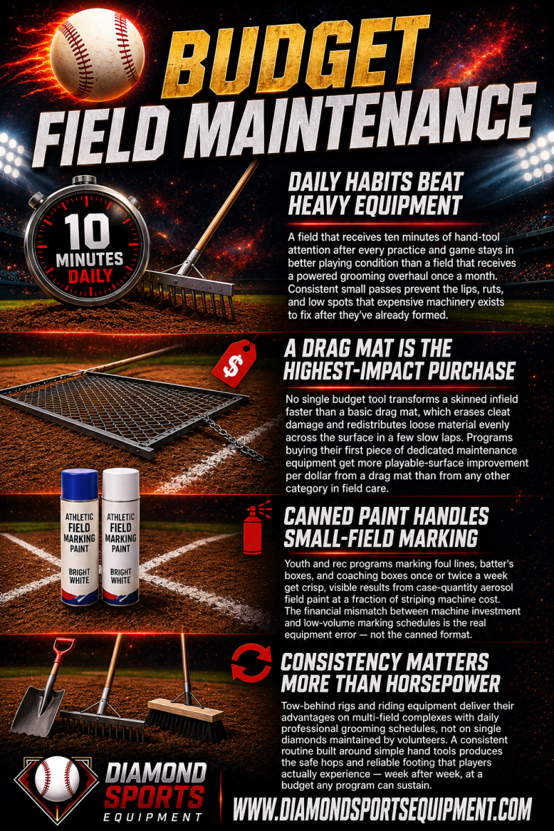 Drag Mat, Athletic Field Marking Paint, Field Rake, Field Drag Broom, and Field Shovel featured in a budget field maintenance infographic graphic with a stadium-themed Diamond Sports Equipment design.