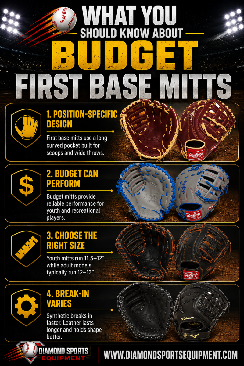 Rawlings Sandlot Series, Rawlings Select PRO LITE, Rawlings Player Preferred, Mizuno Prospect PowerClose, MacGregor 12.5-Inch 1st Base Mitt, and Easton Flagship First Base Mitt featured in the Budget First Base Mitts infographic.