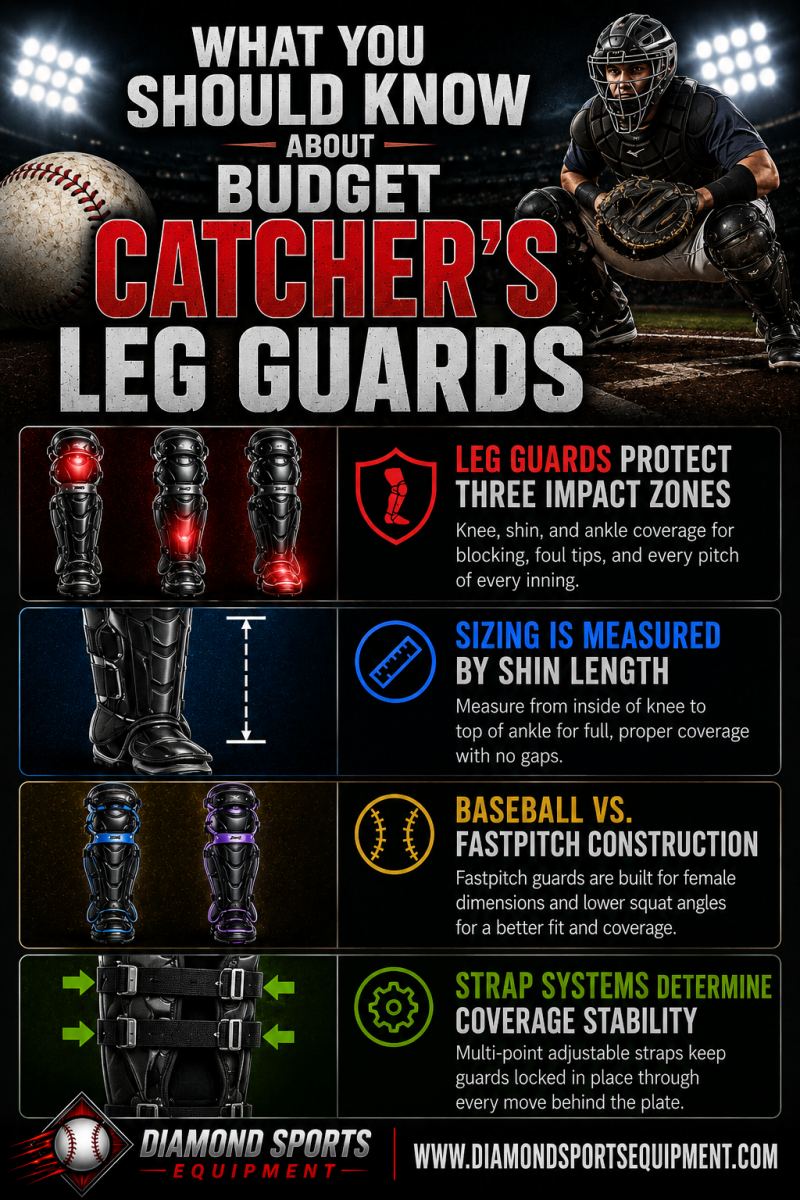 Easton Gametime, All-Star Top Star, Mizuno Women's Samurai, FORCE3 Defender, Beutyal Baseball Softball Catcher Leg Guards, and CHAMPRO Optimus MVP featured in the Budget Catcher's Leg Guards WYSK infographic.