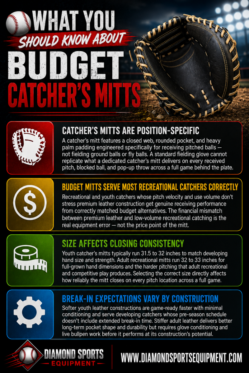 Wilson A500 Siren, Wilson A450, SSK FP5, Mizuno Prospect PowerClose, Rawlings Select Pro Lite, and Mizuno Franchise featured in the Budget Catcher's Mitts WYSK infographic.