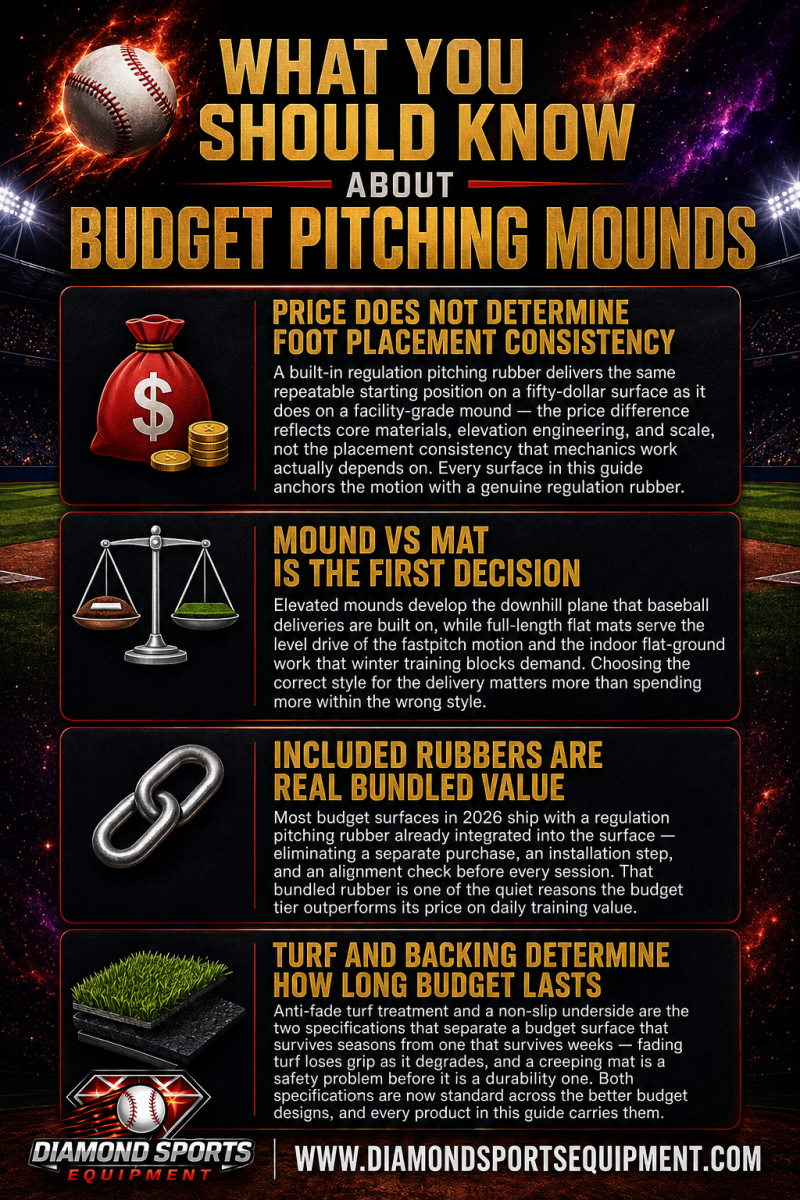 Budget Pitching Mounds WYSK infographic with four key buying factors, cosmic stadium background, and Diamond Sports Equipment branding.