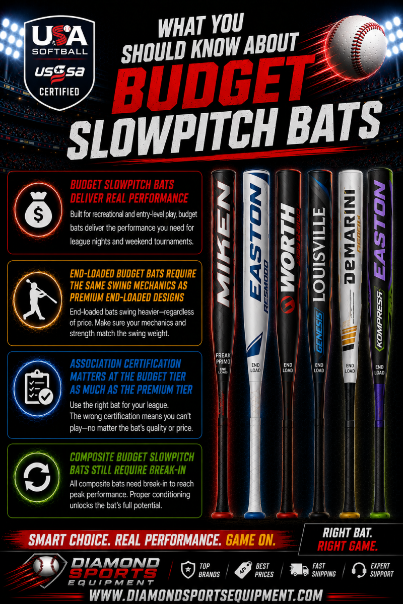 Axe Fury, DeMarini Uprising, Easton Hammer, Easton Salvo, Miken Chaos, and Miken MV-1 Maxload featured in the Budget Slowpitch Bats infographic.