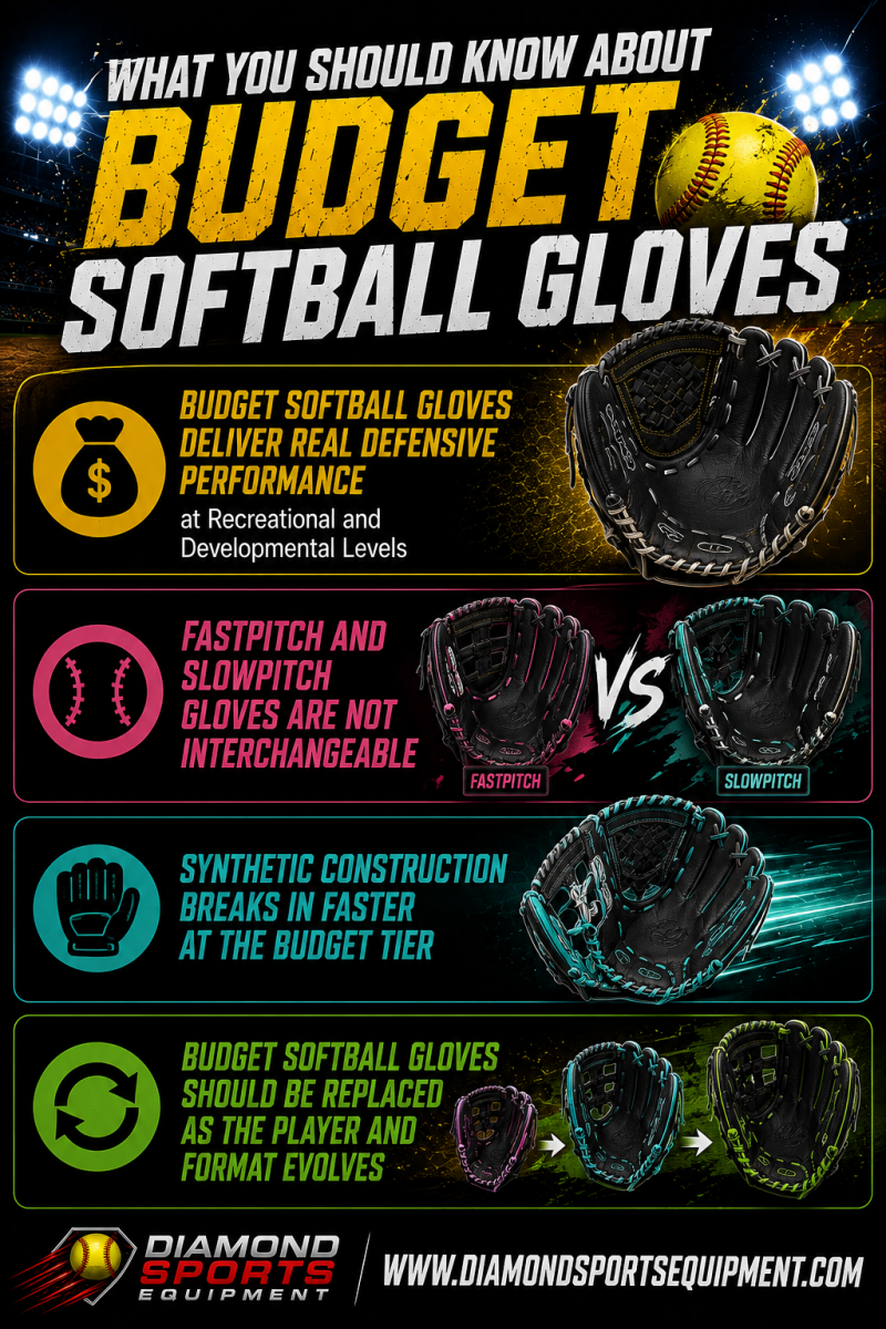 Budget Softball Gloves infographic featuring budget glove performance, fastpitch vs. slowpitch glove differences, synthetic glove break-in benefits, and glove replacement as players develop.